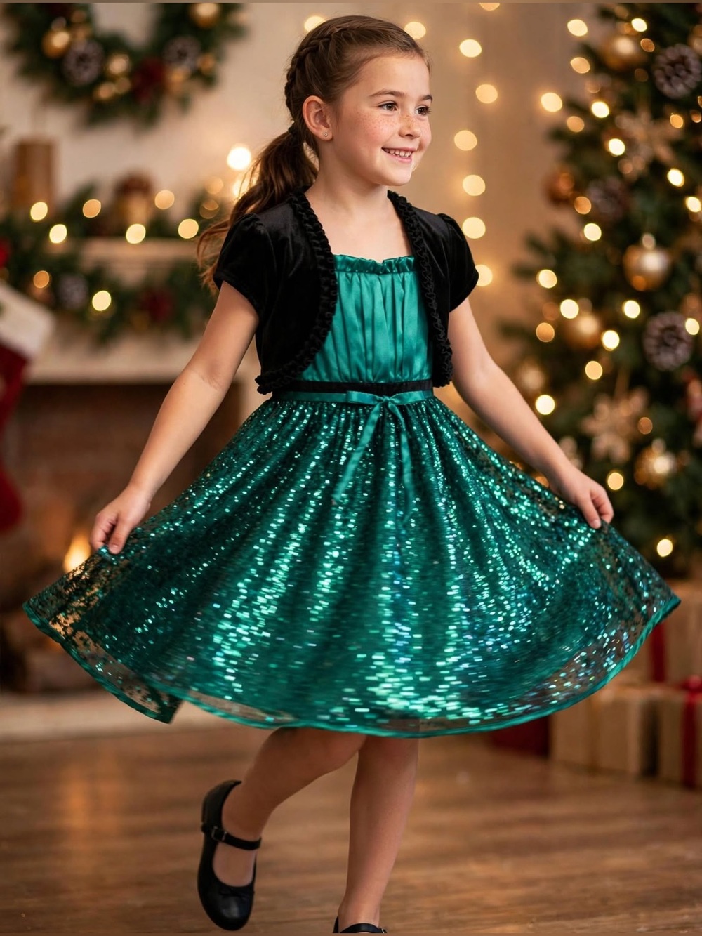 Girls Emerald Green Sequin Holiday Party Dress + Black Velvet Bolero / Shrug Siz